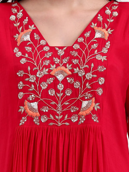 Pink Embroidered Chanderi Silk A-Line Kurta Trouser Dupatta Set