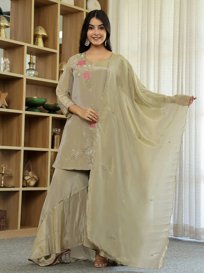 Women's Green Tissue Tissue Green Beads And Stones Sequins Work Kurta Dupatta Set With Divider Palazzo Set by Yufta, suitable for wholesale buyers, boutiques, retailers, resellers and bulk fashion orders from Trendphoria