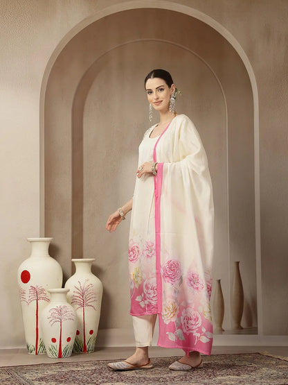 Cream And Pink Chanderi Silk Embroidery Straight Kurta Trouser Dupatta Se