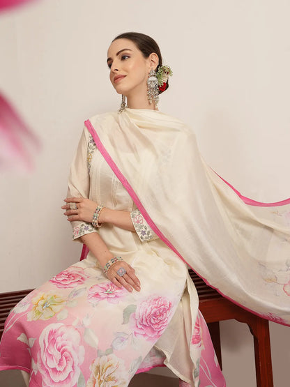 Cream And Pink Chanderi Silk Embroidery Straight Kurta Trouser Dupatta Se