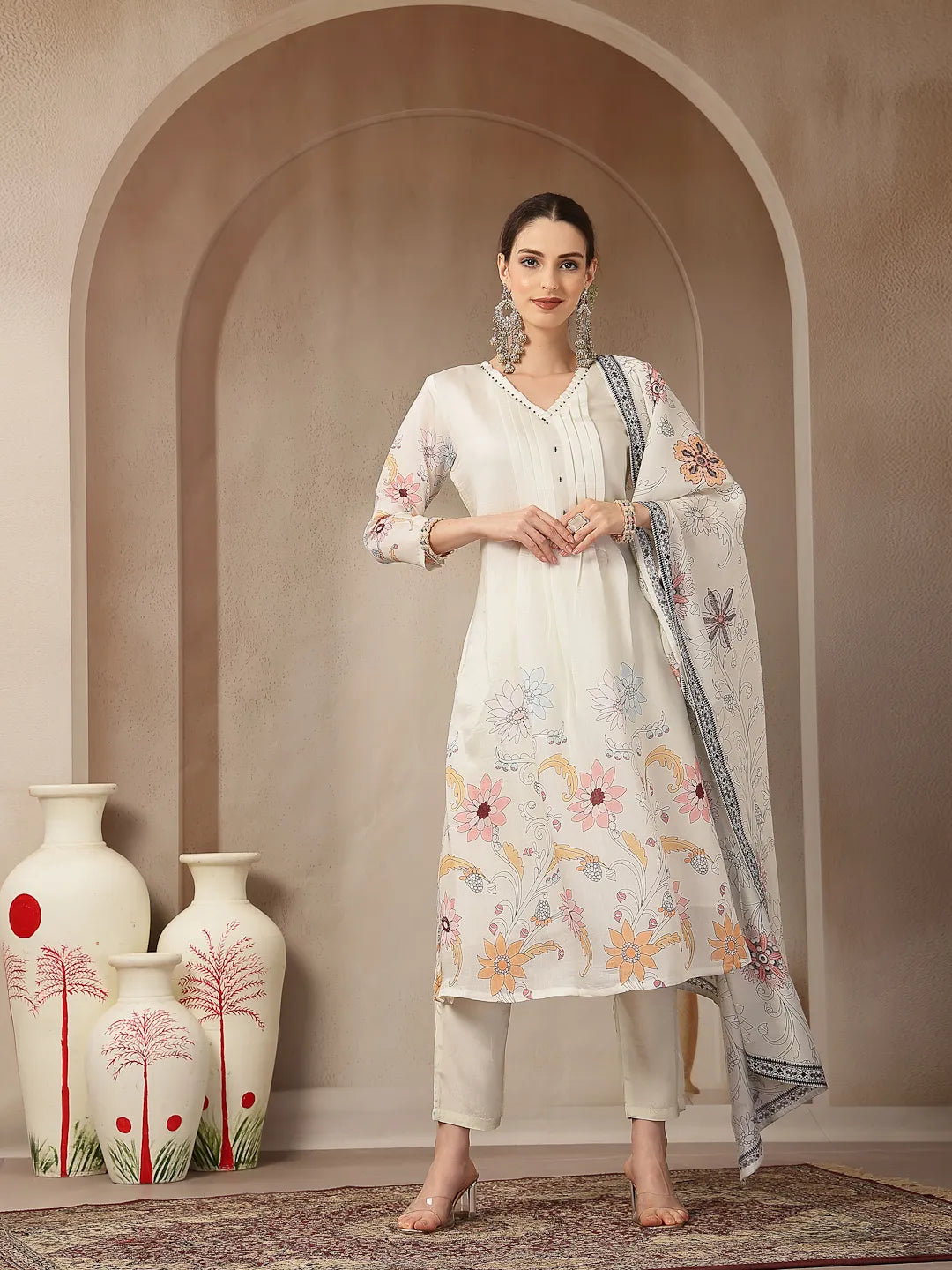 Mul Chanderi Cream Kurta Dupatta Pant Set