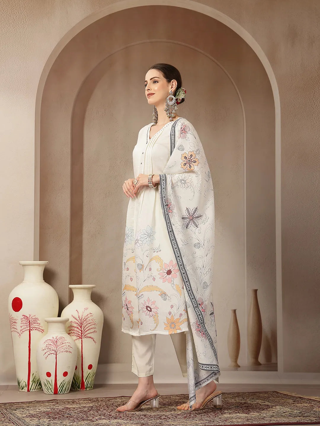 Mul Chanderi Cream Kurta Dupatta Pant Set