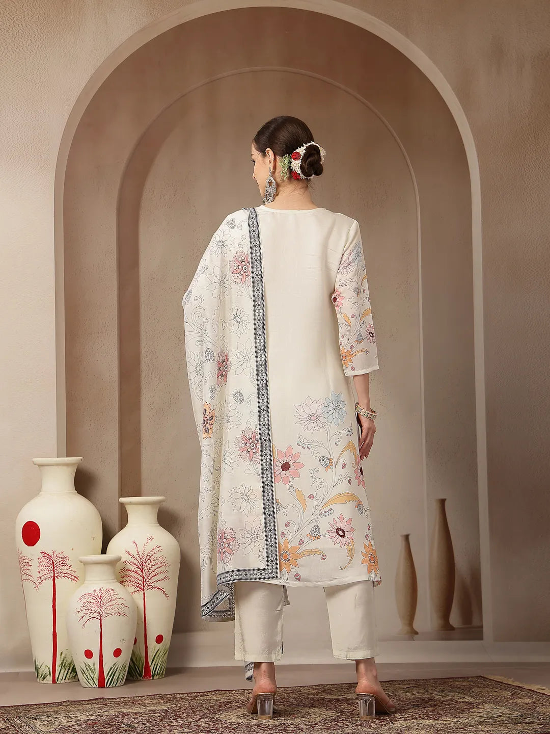 Mul Chanderi Cream Kurta Dupatta Pant Set