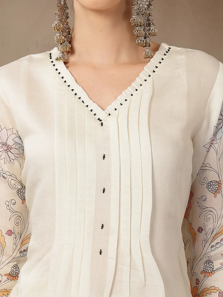 Mul Chanderi Cream Kurta Dupatta Pant Set