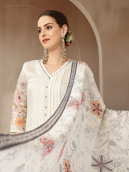 Mul Chanderi Cream Kurta Dupatta Pant Set