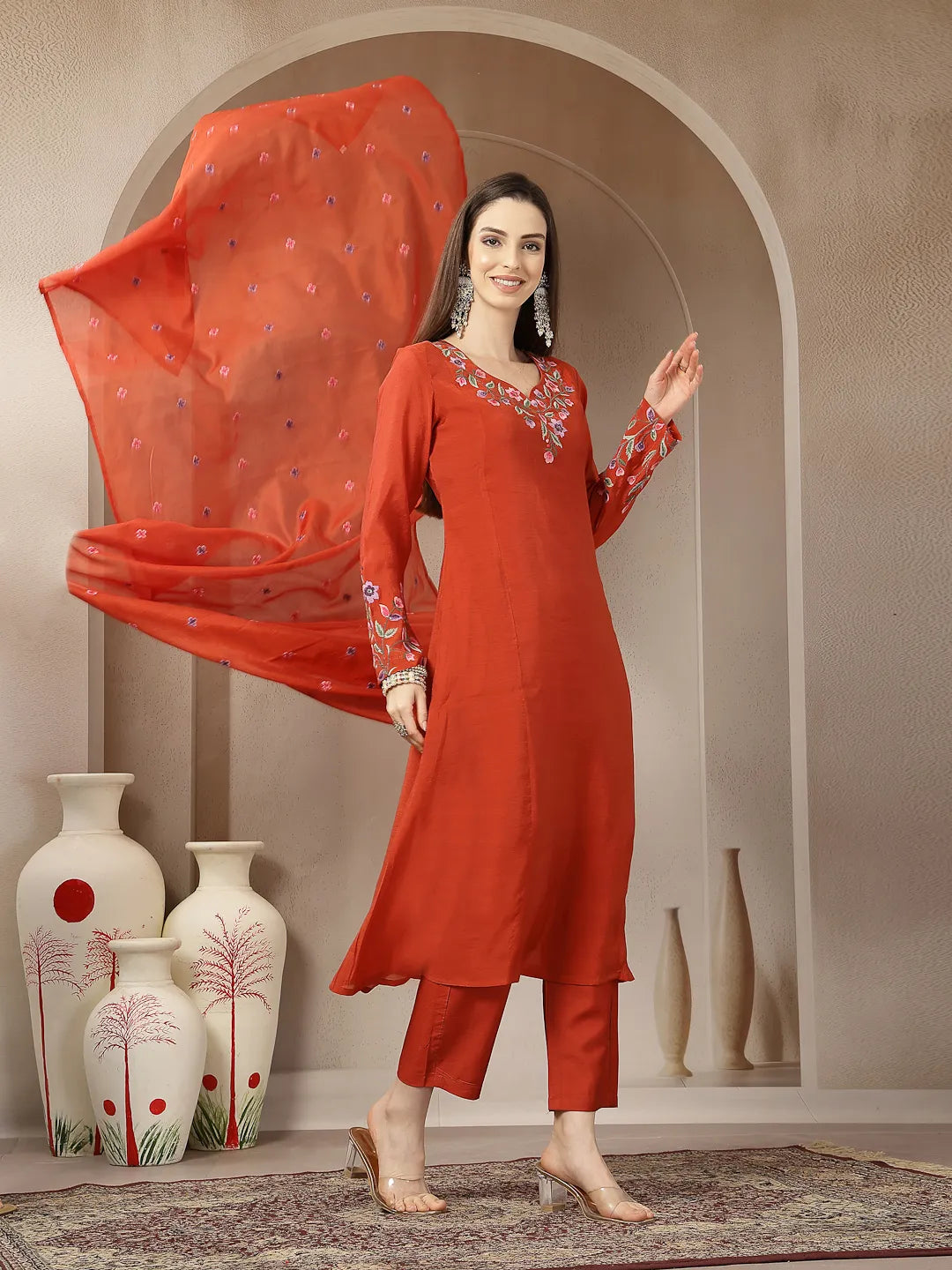 Rust Mul Chanderi Anarkali Kurta Dupatta Pant Set