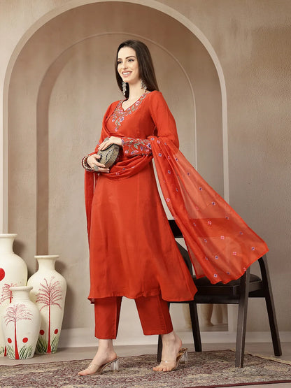 Rust Mul Chanderi Anarkali Kurta Dupatta Pant Set
