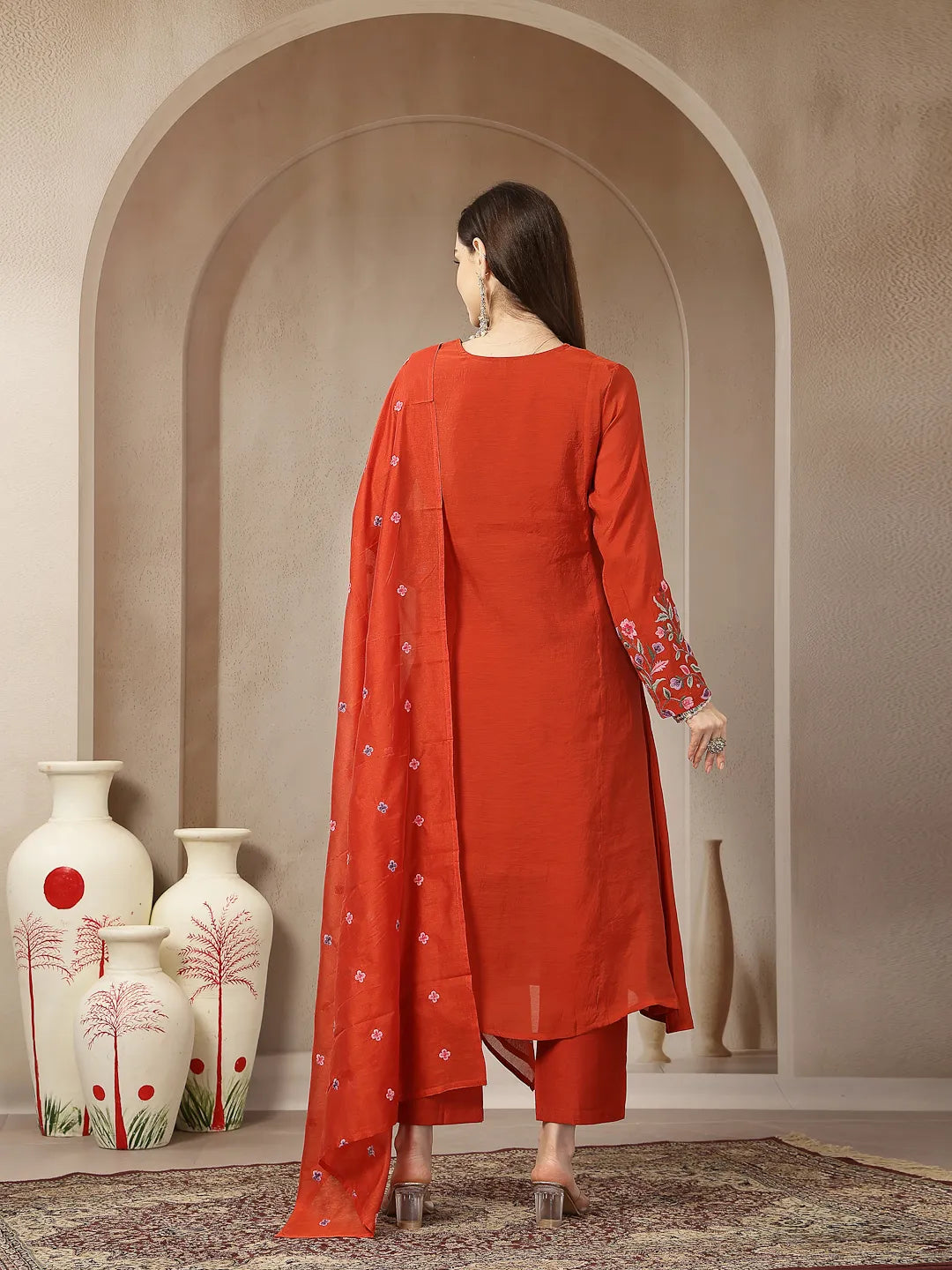 Rust Mul Chanderi Anarkali Kurta Dupatta Pant Set