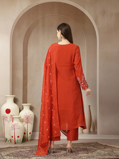 Rust Mul Chanderi Anarkali Kurta Dupatta Pant Set