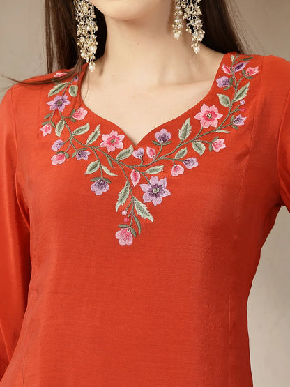 Rust Mul Chanderi Anarkali Kurta Dupatta Pant Set