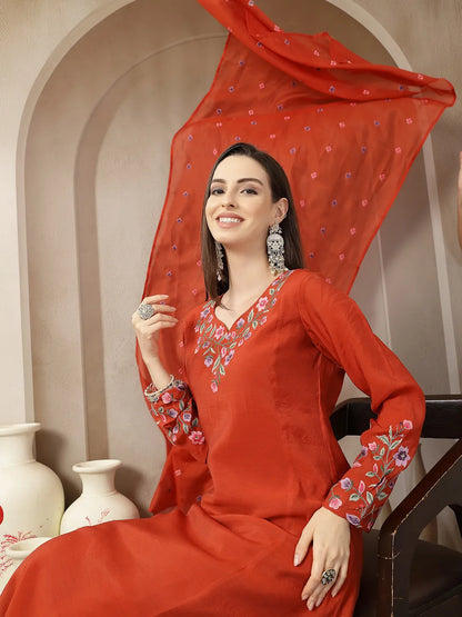Rust Mul Chanderi Anarkali Kurta Dupatta Pant Set