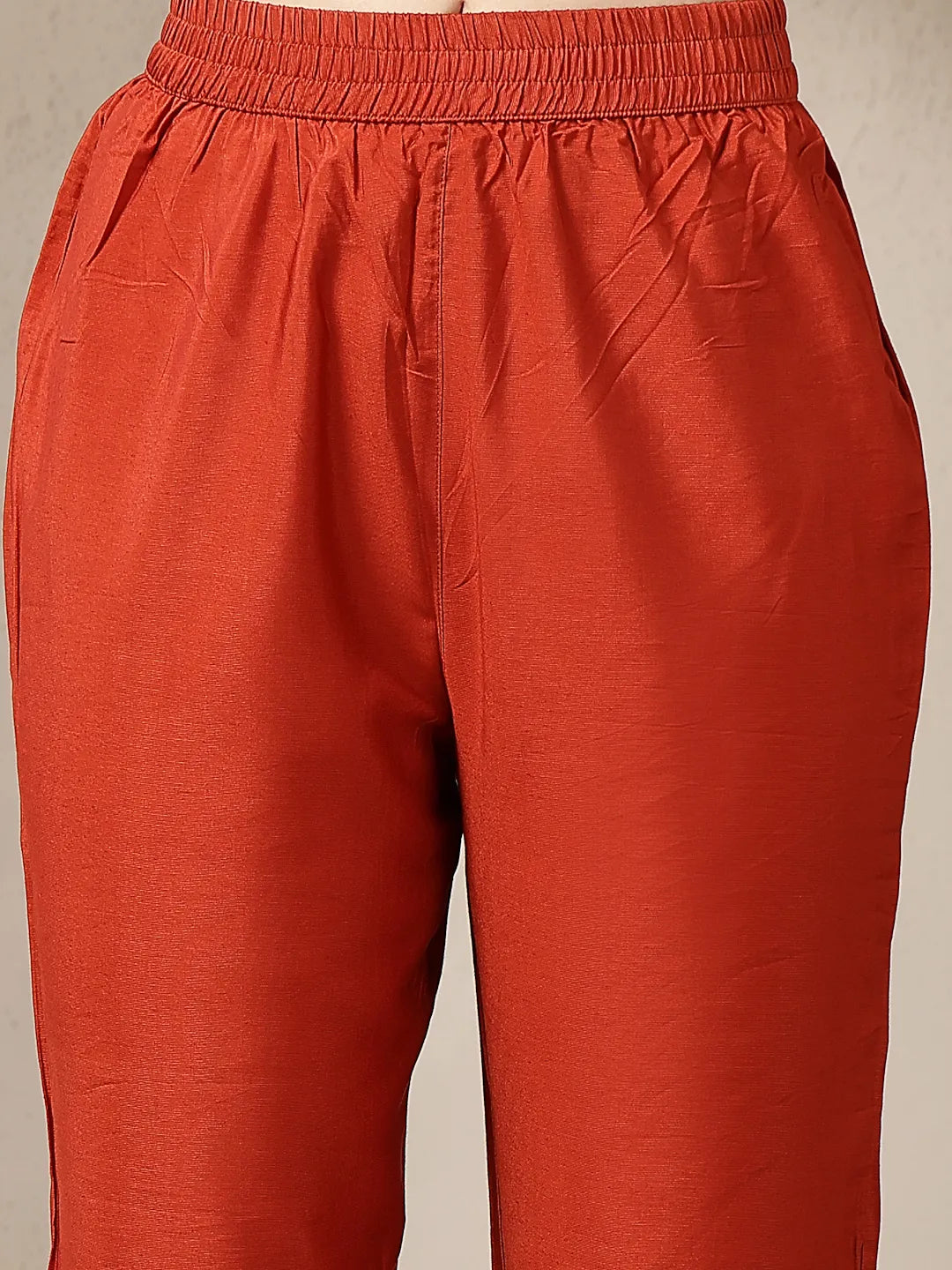 Rust Mul Chanderi Anarkali Kurta Dupatta Pant Set