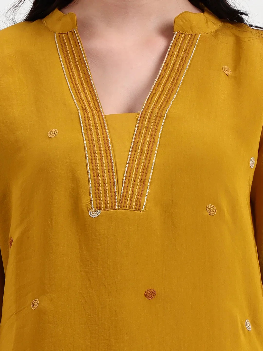 Mustard Kantha Work Chanderi Silk A-Line Kurta Trouser Dupatta Set