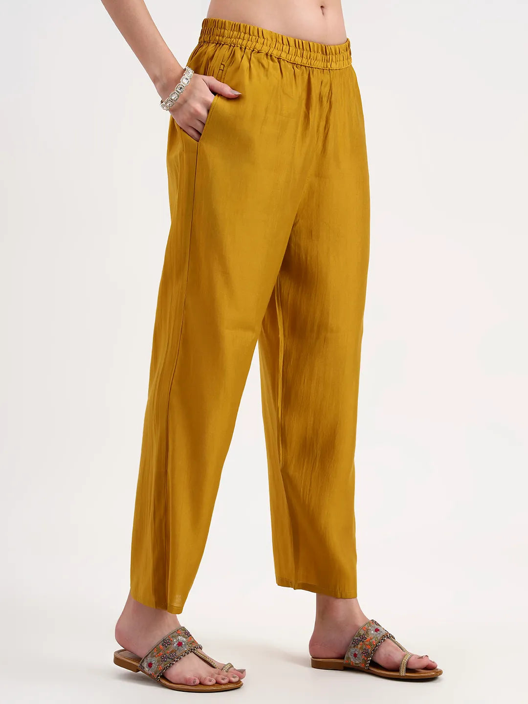 Mustard Kantha Work Chanderi Silk A-Line Kurta Trouser Dupatta Set