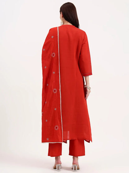 Rust Kantha Work Chanderi Silk A-Line Kurta Trouser Dupatta Set