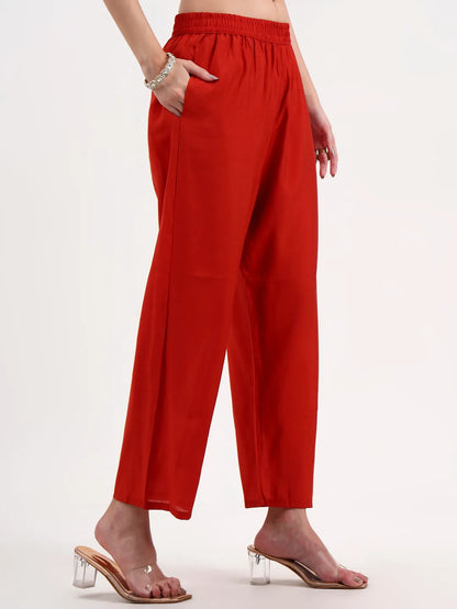 Rust Kantha Work Chanderi Silk A-Line Kurta Trouser Dupatta Set