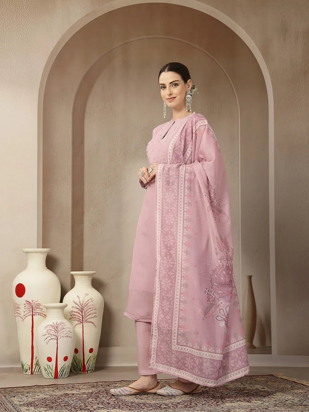 Light Pink Mul Chanderi Silk Embroidery A-Line Kurta Trouser Dupatta Set