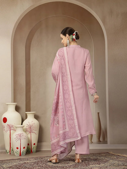 Light Pink Mul Chanderi Silk Embroidery A-Line Kurta Trouser Dupatta Set