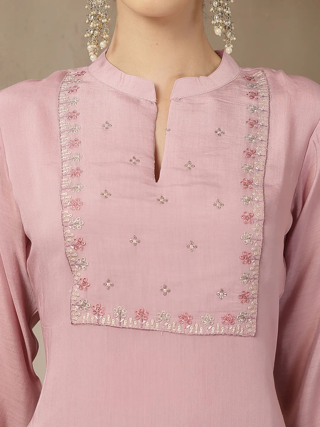 Light Pink Mul Chanderi Silk Embroidery A-Line Kurta Trouser Dupatta Set