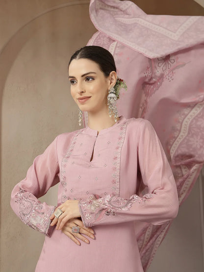 Light Pink Mul Chanderi Silk Embroidery A-Line Kurta Trouser Dupatta Set