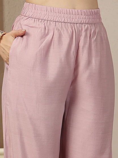 Light Pink Mul Chanderi Silk Embroidery A-Line Kurta Trouser Dupatta Set