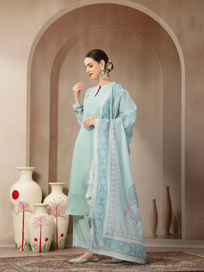 Turquoise Blue Mul Chanderi Silk Embroidery A-Line Kurta Trouser Dupatta Set