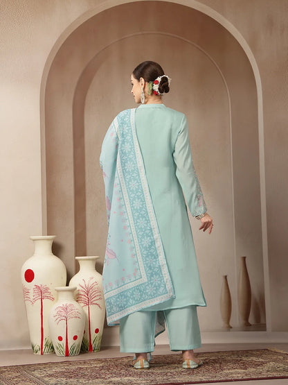 Turquoise Blue Mul Chanderi Silk Embroidery A-Line Kurta Trouser Dupatta Set