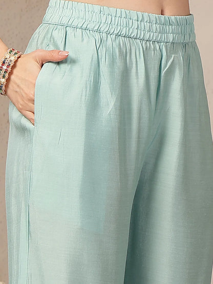 Turquoise Blue Mul Chanderi Silk Embroidery A-Line Kurta Trouser Dupatta Set