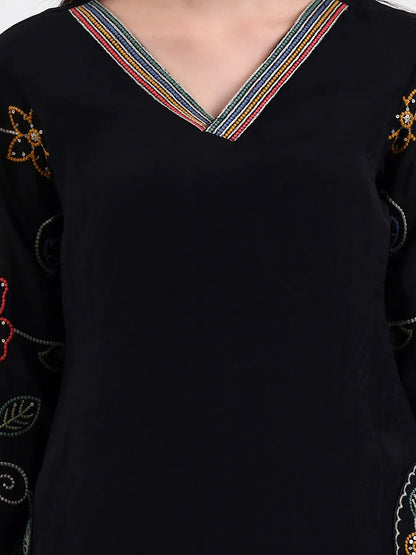 Black Kantha Work Chanderi Silk A-Line Kurta Trouser Dupatta Set