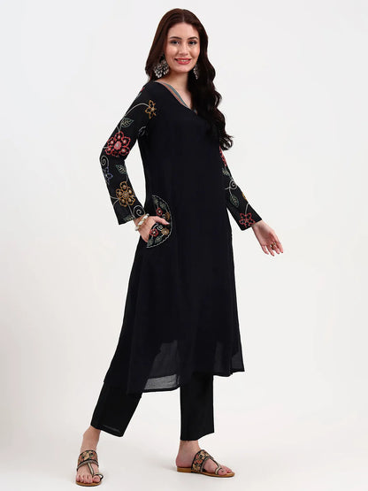 Black Kantha Work Chanderi Silk A-Line Kurta Trouser Dupatta Set