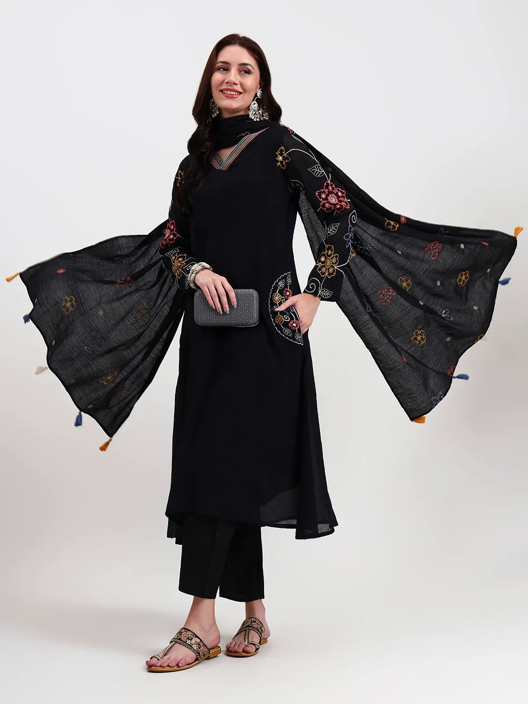 Black Kantha Work Chanderi Silk A-Line Kurta Trouser Dupatta Set