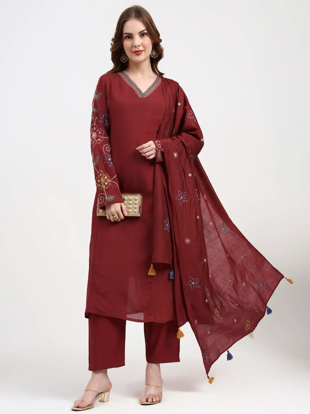 Mul Chanderi Maroon Kurta Dupatta Pant Set