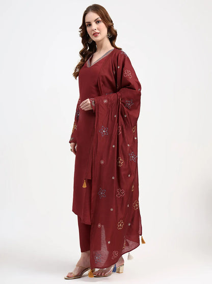 Mul Chanderi Maroon Kurta Dupatta Pant Set