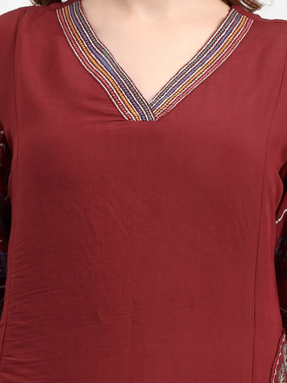 Mul Chanderi Maroon Kurta Dupatta Pant Set