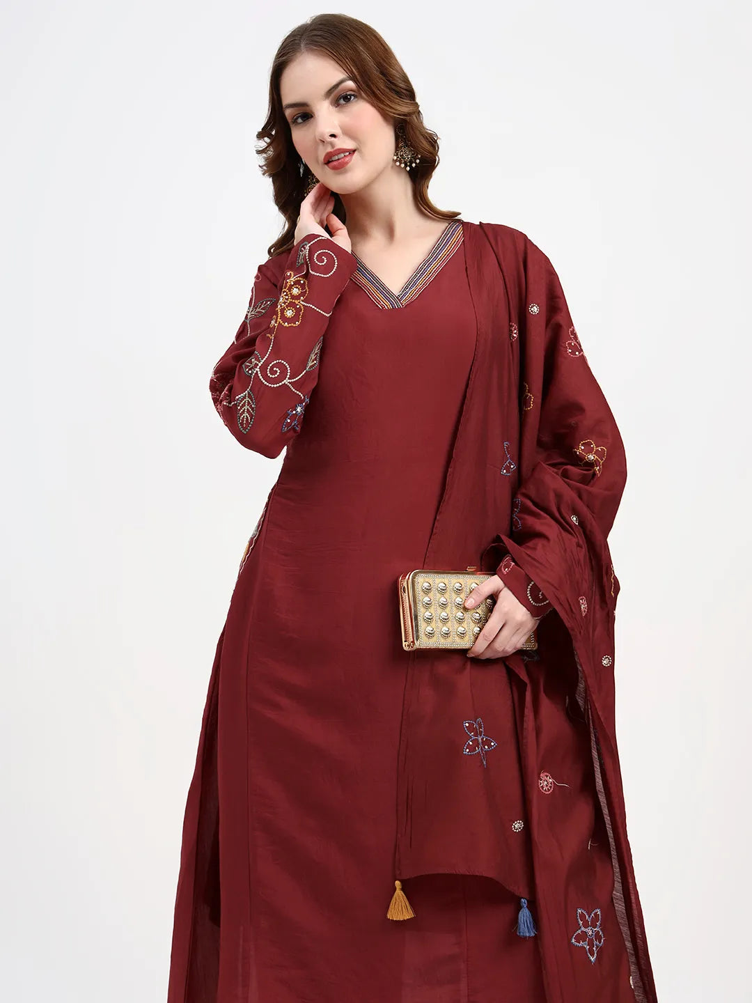 Mul Chanderi Maroon Kurta Dupatta Pant Set