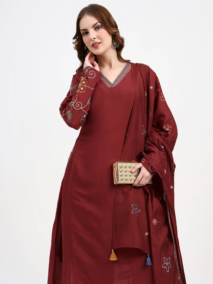 Mul Chanderi Maroon Kurta Dupatta Pant Set