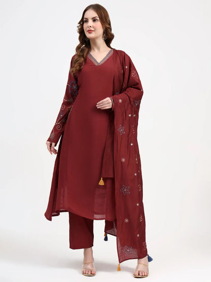 Mul Chanderi Maroon Kurta Dupatta Pant Set