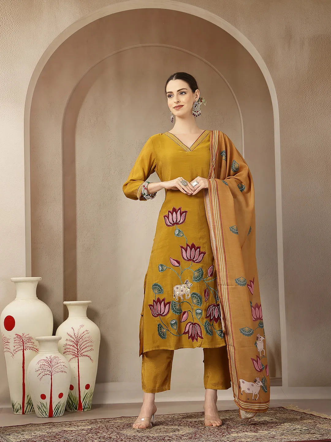 Mustard Mul Chanderi Silk Floral A-Line Kurta Trouser Dupatta Set