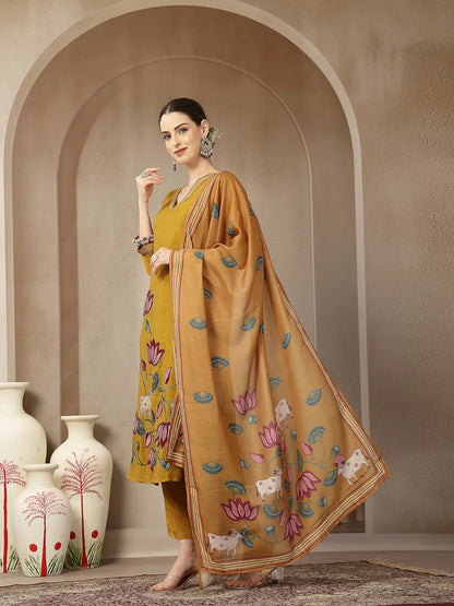 Mustard Mul Chanderi Silk Floral A-Line Kurta Trouser Dupatta Set