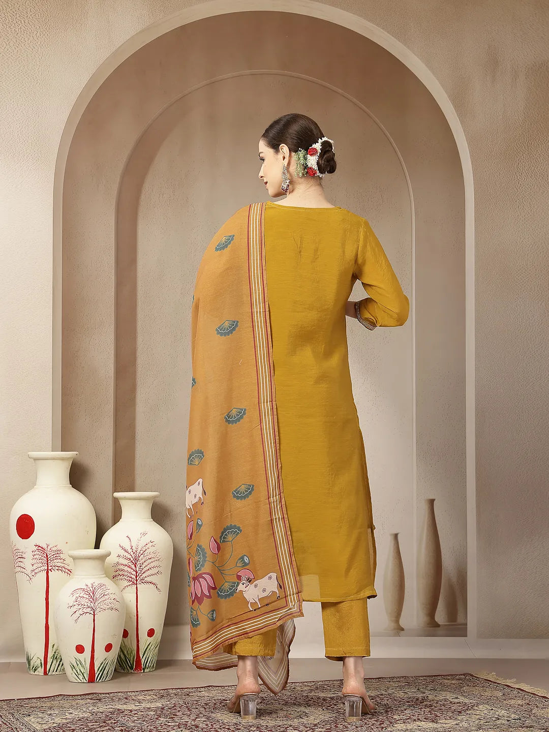 Mustard Mul Chanderi Silk Floral A-Line Kurta Trouser Dupatta Set