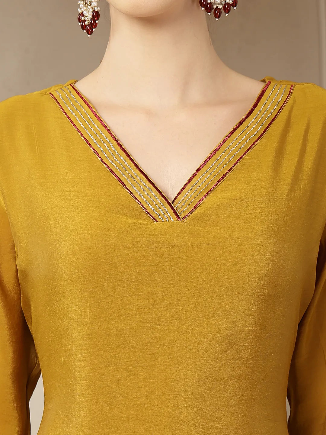 Mustard Mul Chanderi Silk Floral A-Line Kurta Trouser Dupatta Set