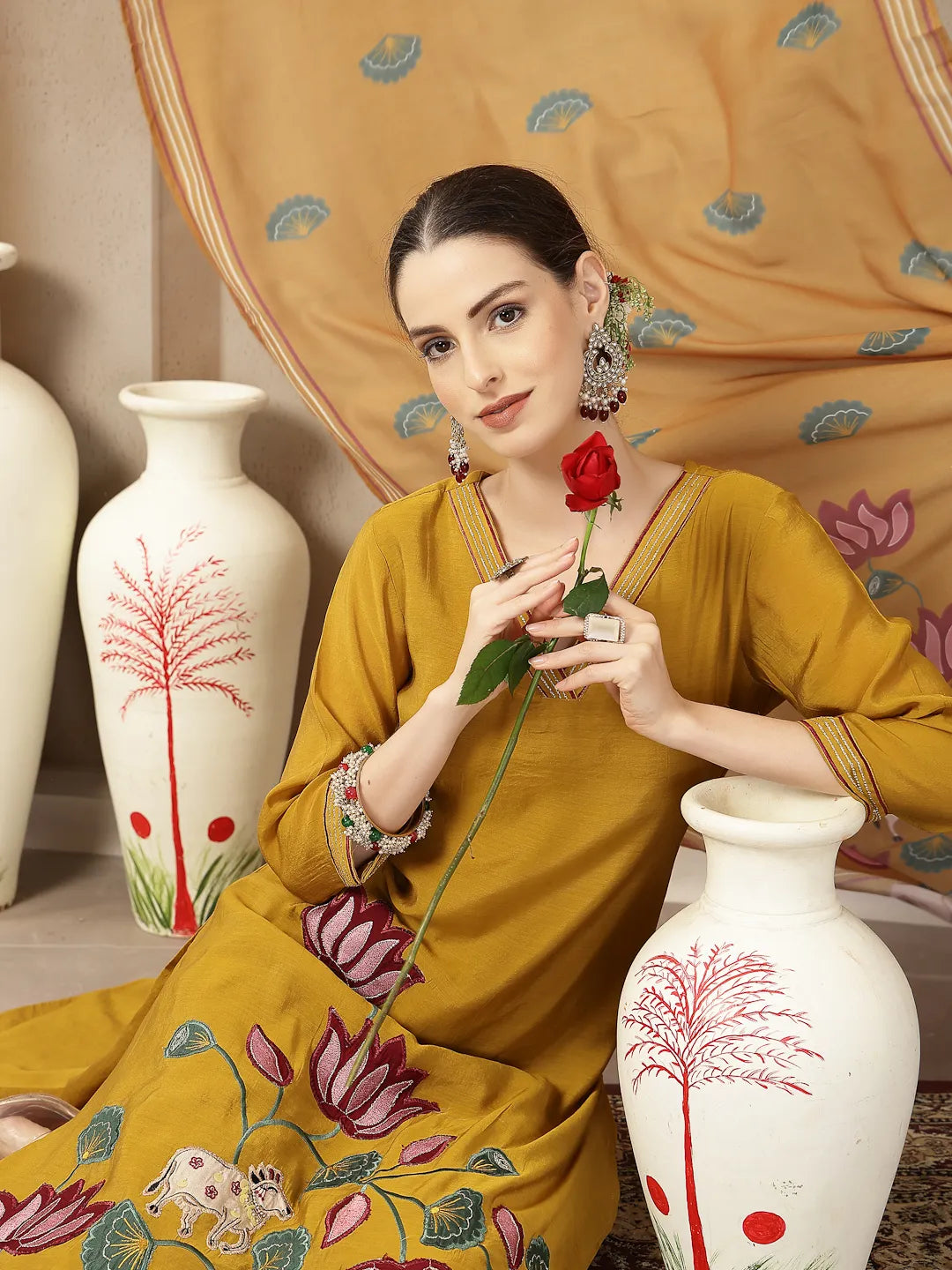 Mustard Mul Chanderi Silk Floral A-Line Kurta Trouser Dupatta Set