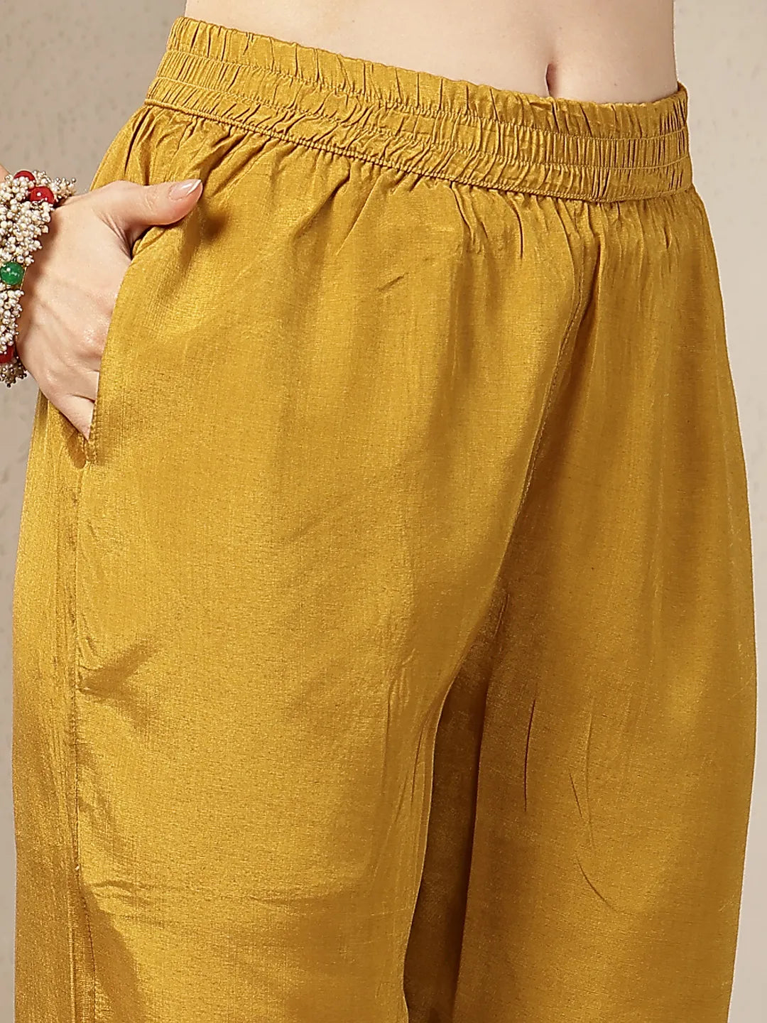 Mustard Mul Chanderi Silk Floral A-Line Kurta Trouser Dupatta Set