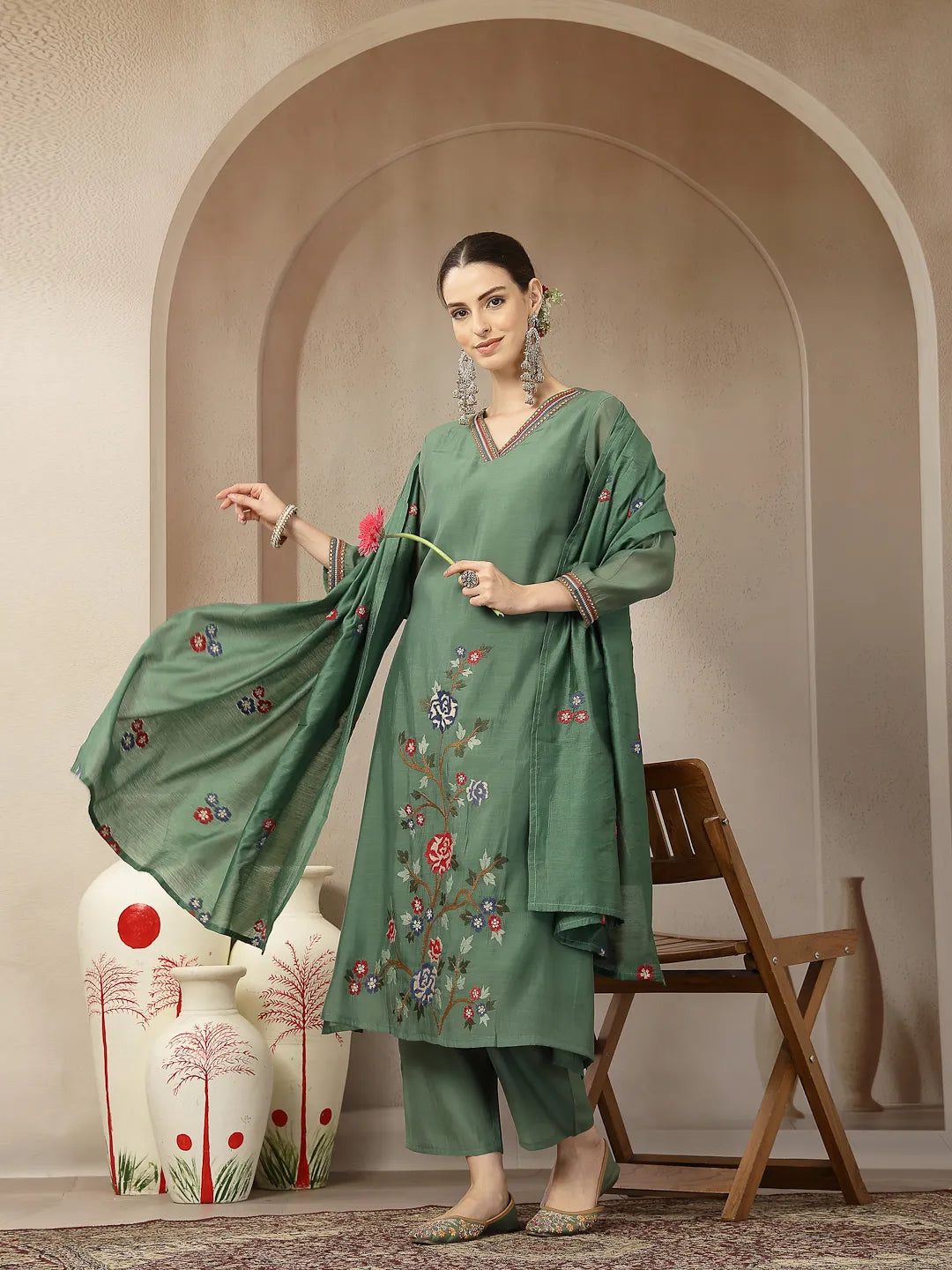 Green Mul Chanderi Embroidery A-Line Kurta Trouser Dupatta Set
