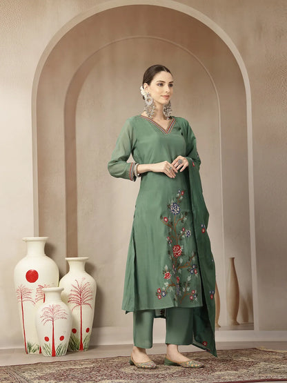 Green Mul Chanderi Embroidery A-Line Kurta Trouser Dupatta Set