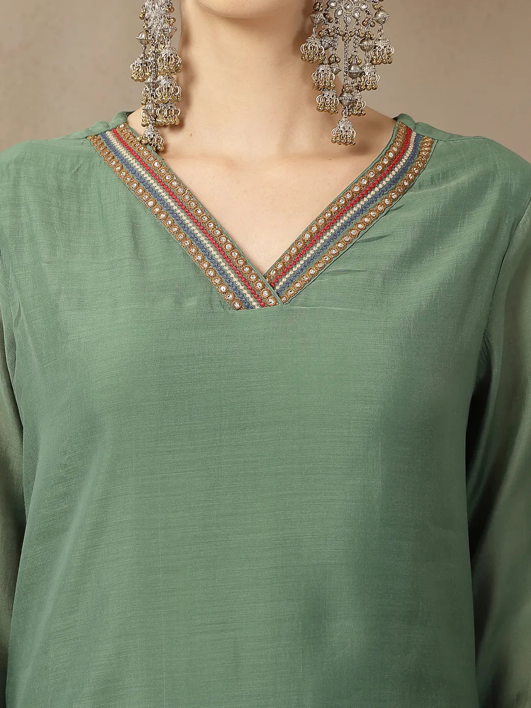 Green Mul Chanderi Embroidery A-Line Kurta Trouser Dupatta Set