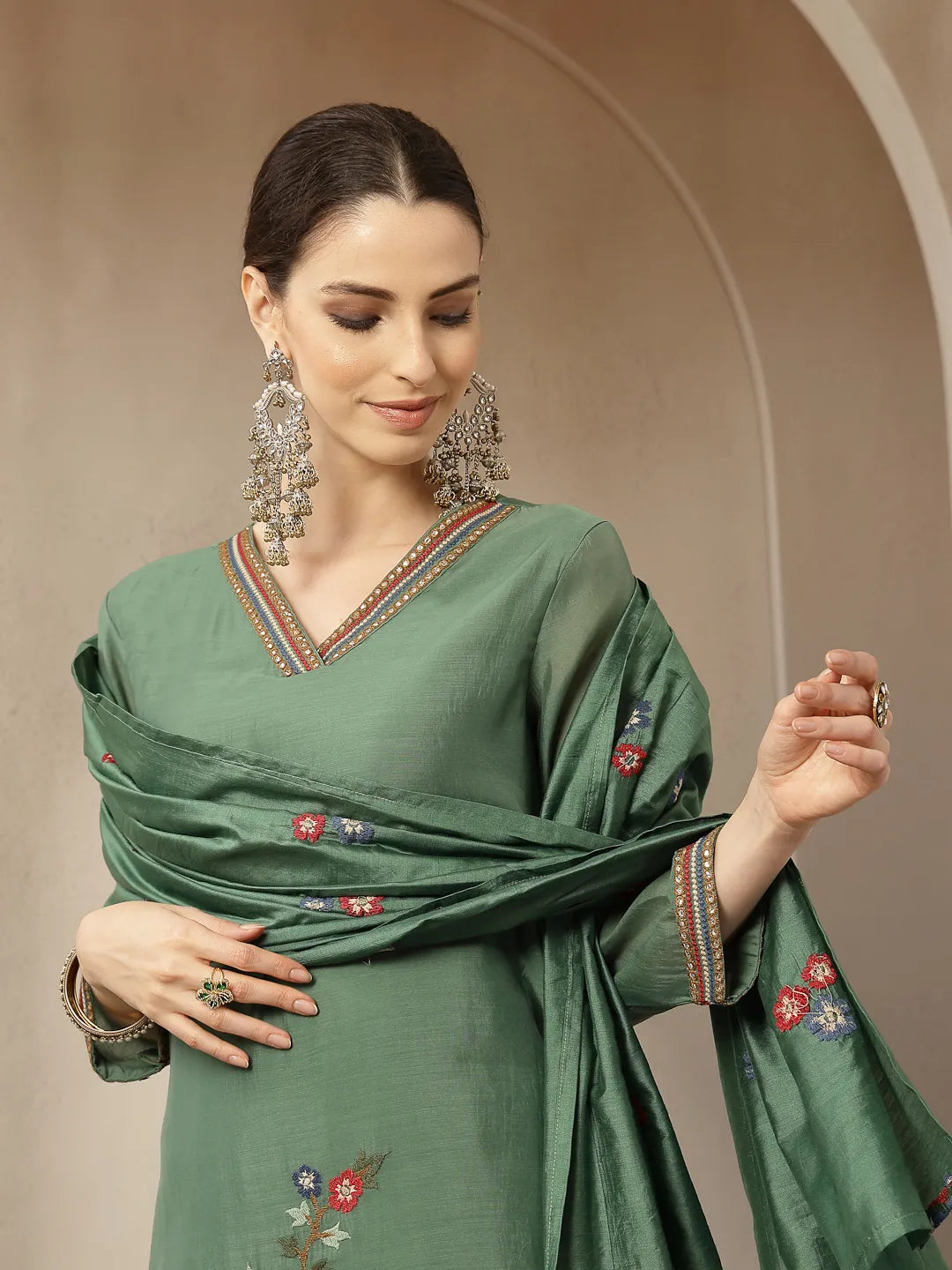 Green Mul Chanderi Embroidery A-Line Kurta Trouser Dupatta Set