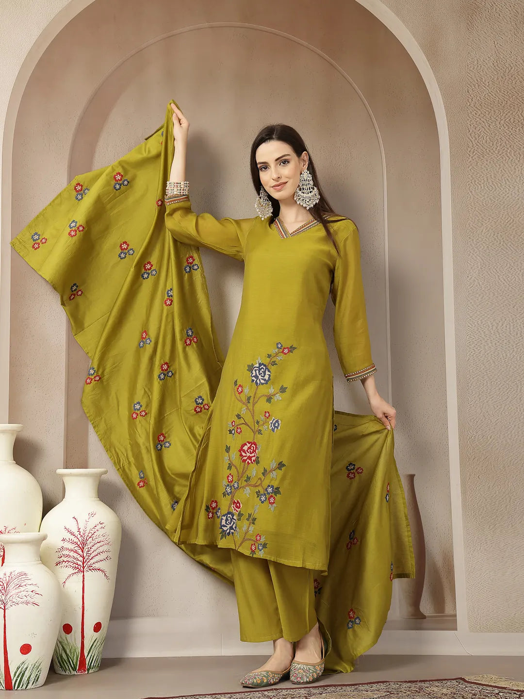 Women's Green Silk Blend Lime Green Mul Chanderi Embroidery A-Line Kurta Trouser Dupatta Set by Yufta, suitable for wholesale buyers, boutiques, retailers, resellers and bulk fashion orders from Trendphoria