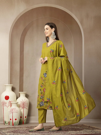 Lime Green Mul Chanderi Embroidery A-Line Kurta Trouser Dupatta Set