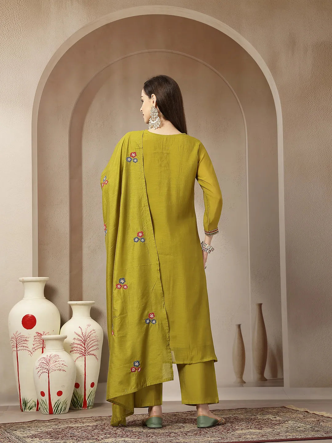 Lime Green Mul Chanderi Embroidery A-Line Kurta Trouser Dupatta Set